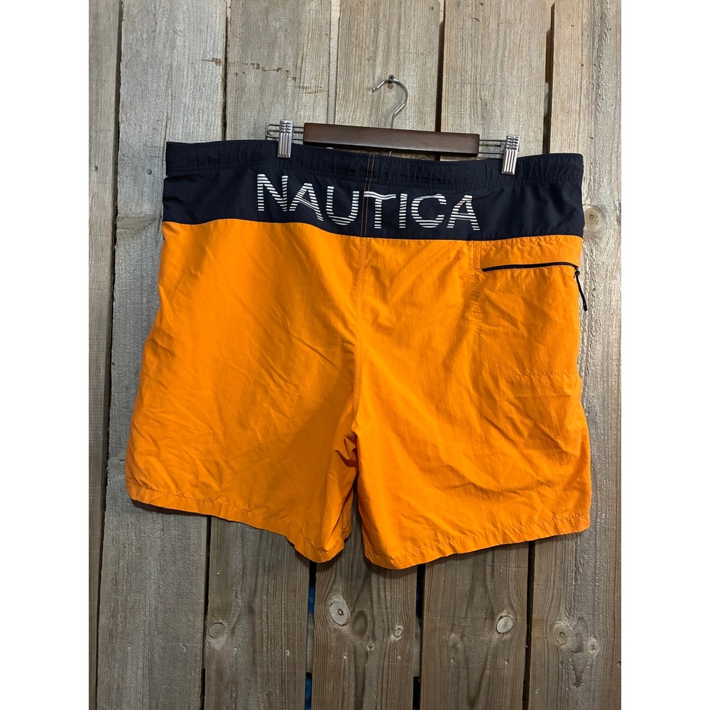 Nautica Mens Orange Navy Colorblock Swim Trunks Logo Board Shorts Large T04850
